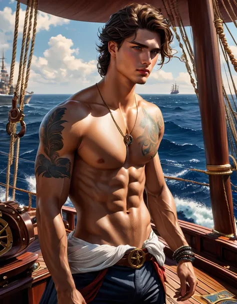 wide angle oil painting, The protagonist is a slender muscular young man, white skin, brown hair, blue eyes, very handsome., The 18th Century Sailor Context: A ship deck, with the rough sea in the background. colors: marine tones, deep blues, whites, dark ...