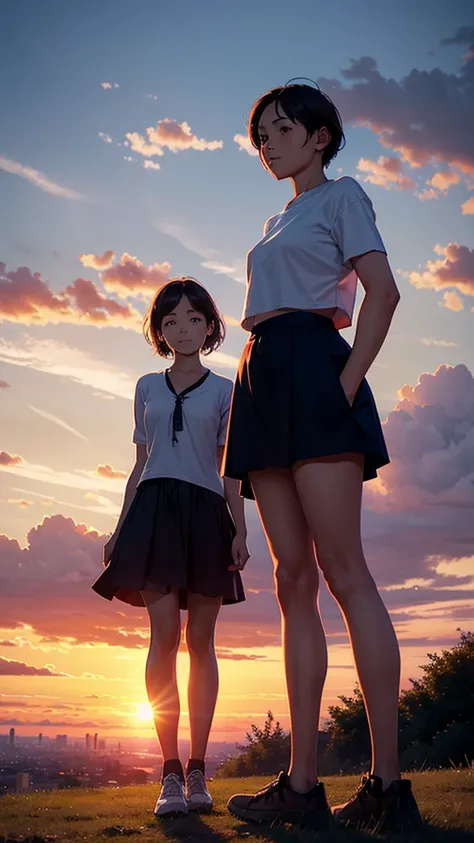 A couple is standing on a hill. An airplane is flying above them. The couple is wearing short clothes. The girls hips are big. The sunset is taking place.