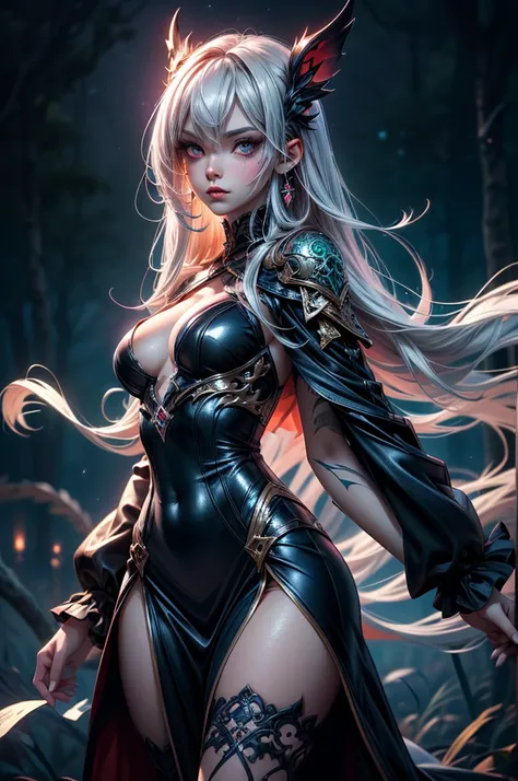 In the middle of forest plane there is beatiful undead ghost female who dance under the stary night sky, she have beatiful face, long silver hair with pink highlights her eyes is emerald green red lipsick and smoky eyes make up, her naked tattooed body cov...