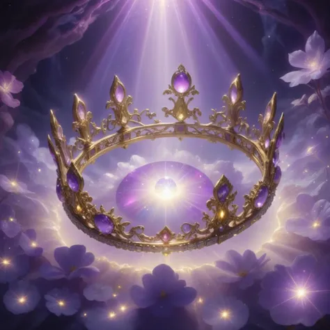 create for me a crown of gold, adorned with diamonds AND precious stones, something divine of a heavenly king, that shines and emanates light, to be placed on the clouds of the heavens AND surrounded by bright purple light something magical Fantasy.8k,