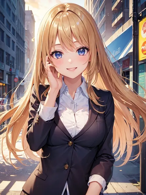 (masterpiece:1.5),(Beat quality),(high res),1girl solo,beautiful face,smile(shining eyes),upper body,light effects,Office Lady,In the city during the day