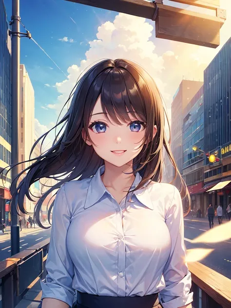 (masterpiece:1.5),(Beat quality),(high res),1girl solo,beautiful face,smile(shining eyes),upper body,light effects,Office Lady,In the city during the day