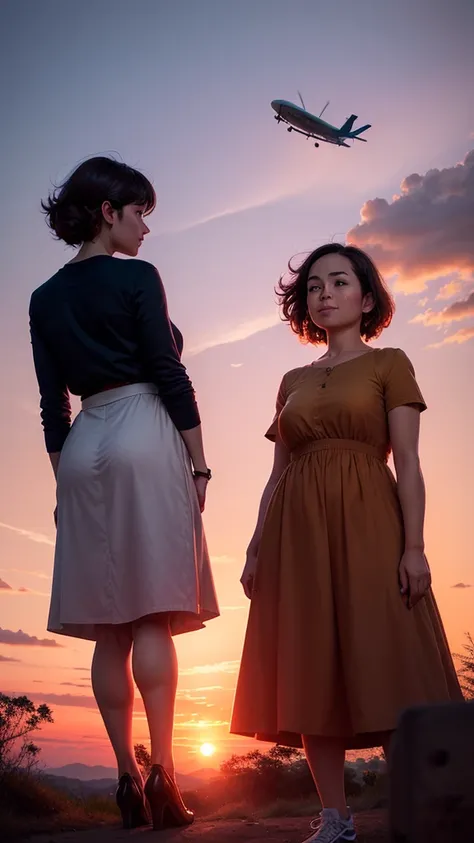 A couple is standing on a hill. An airplane is flying above them. The couple is wearing short clothes. The girls hips are big. The sunset is taking place.