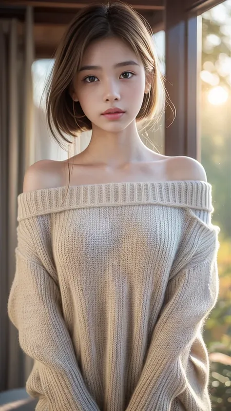 realistic lighting,photo,photorealistic,1girl,east girl with freckles,an exotic east girl in off-shoulder sweater,fading backlit...