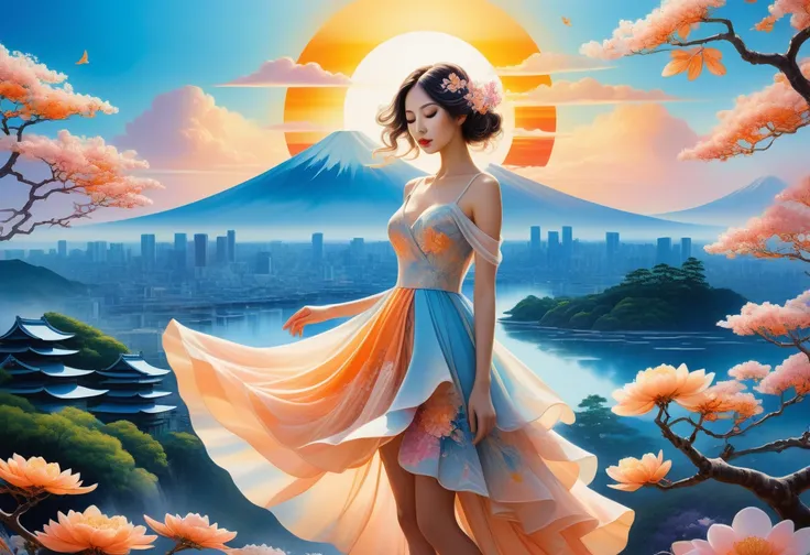 girl beauty layered dress, bare shoulders, full body, wearing skirt, Japanese city background, acrylic: watercolor art, professional photography, light orange and light blue ratio, natural lighting, volumetric lighting maximalist photo illustration: 8k res...