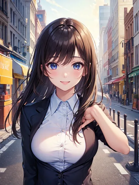 (masterpiece:1.5),(Beat quality),(high res),1girl solo,beautiful face,smile(shining eyes),upper body,light effects,office suits women,In the city during the day