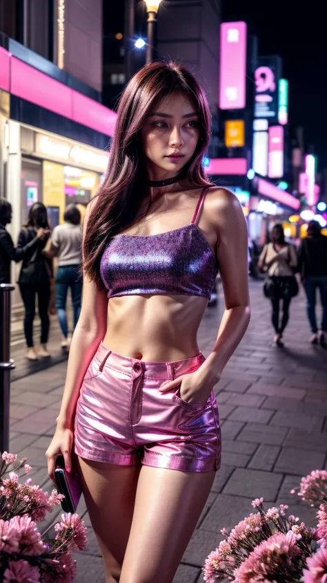 Beautiful woman, Lighted street at night, Fidgeting with smartphones, hot pants, Fragrant pink flowers, Passersby, Night view gradation, The finer details, Subtle tone, Silence on the screen.  