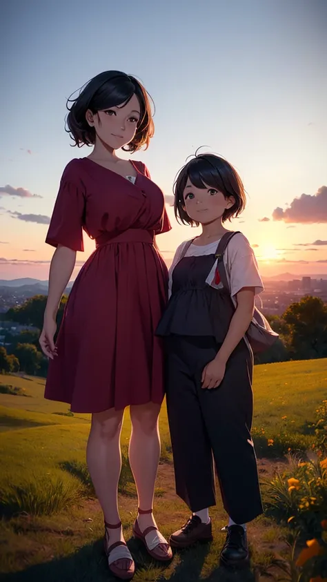 A couple is standing on a hill. The couple is wearing short clothes. The girl has big hips. The sunset is happening.