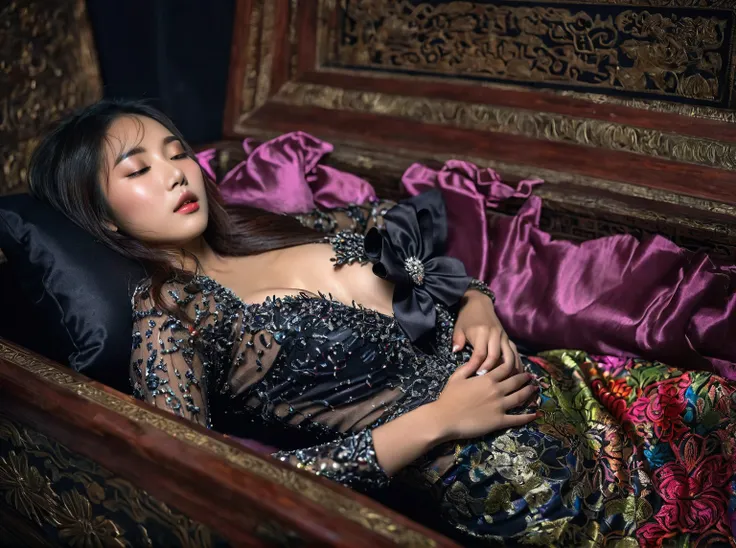 In a striking 8K HDR scene, a stunning Korean woman, 22 years old, lies peacefully in a black coffin surrounded by plush pillows. The deep box is set against a rich black background, accentuating the beauty of the subject. Her exquisite deep-V neckline keb...