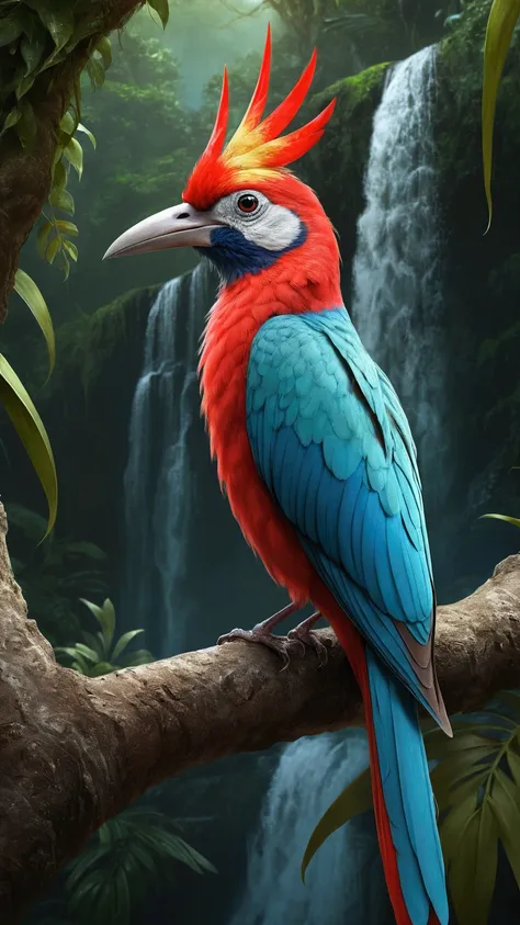 there is a bright red white bird sitting on a branch, in the background a waterfall, um pássaro surrealista de long beak, with horns, with spots, birds, ultra-realistic spotted bird, highly exotic crested, with red plumage adorned with vibrant multicolored...