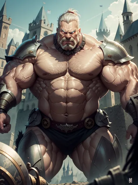 old man knight, armored, castle background, muscular, wearing armor, angry face, sharp eyes, gaze