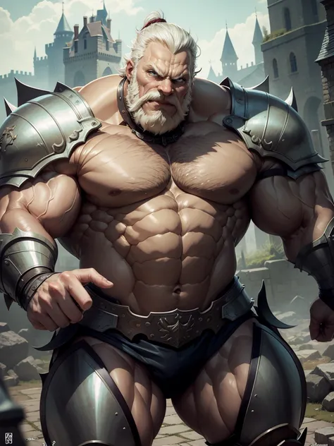 old man knight, armored, castle background, muscular, wearing armor, angry face, sharp eyes, gaze