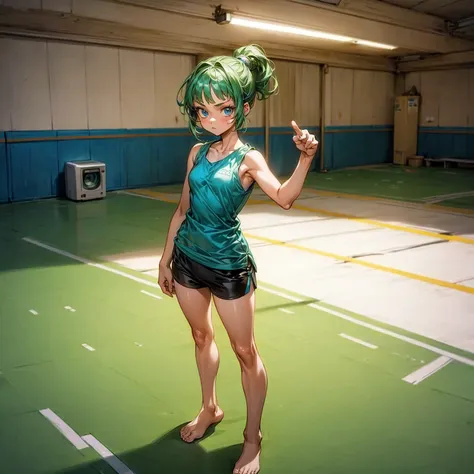 solo character, kid girl, full body version, blue eyes, green hair, short curly hairstyle, ponytail, sleeveless t-shirt, sports ...