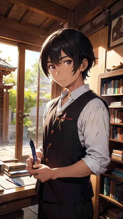 Anime-style portrait of Abdul Muis, Indonesian national hero, standing confidently with a pen in one hand, dressed in traditional Indonesian attire, surrounded by books and scrolls, a warm glow of sunlight illuminating his face, showcasing determination an...