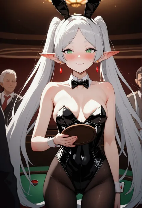 NSFW,masterpiece,Highest quality,High resolution,Very detailed,Frielen(葬送のFrielen),Pointed Ears,Green Eyes,Twin tails,very long hair of white color,, Earrings,Playboy Bunny,Black Pantyhose,casino,Bad Smile,heart,blush,tray,sake,Serve customers,A large numb...