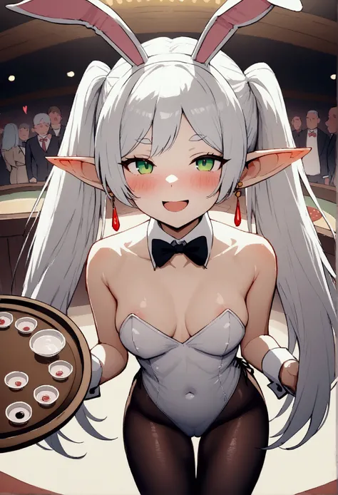 NSFW,masterpiece,Highest quality,High resolution,Very detailed,Frielen(葬送のFrielen),Pointed Ears,Green Eyes,Twin tails,very long hair of white color,, Earrings,Playboy Bunny,Black Pantyhose,casino,Bad Smile,heart,blush,tray,sake,Serve customers,A large numb...