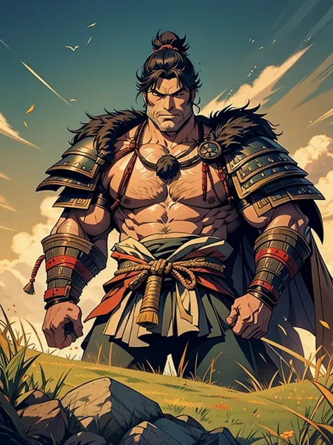 Sengoku period　samurai　male　middle aged　Muscular　Giant　grassland