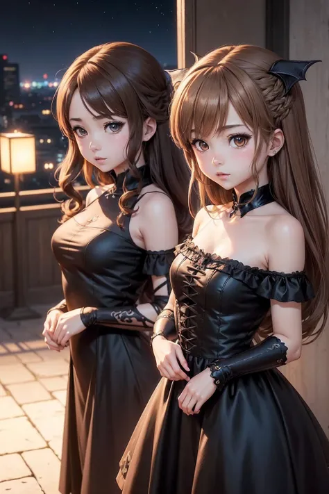 With corners、頭蓋骨が描かれたドレスを着たAnime Girls, ((Light brown hair))(Lori, gothic maiden Anime Girls, Cute anime waifu in a nice dress, Anime Moe Art Style, Anime Girls wearing a black dress, Nightcore, (Anime Girls), Anime Style 4k, Small curvaceous , High qualit...