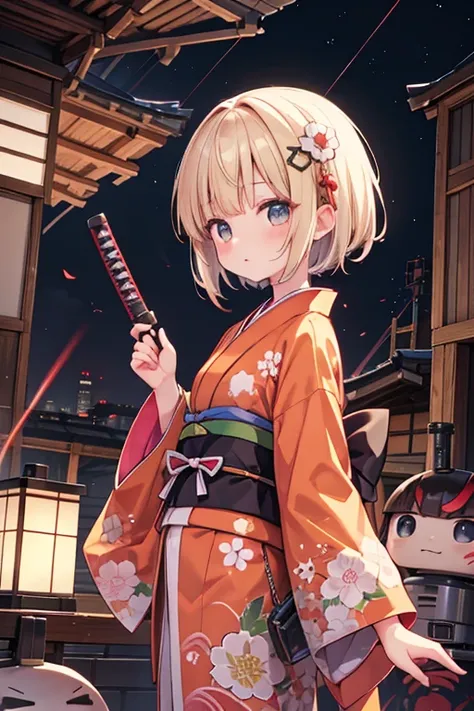 Yamabuki-colored kimono,meca girl,meca,roboT,holding katana,battle field,Short Hair,