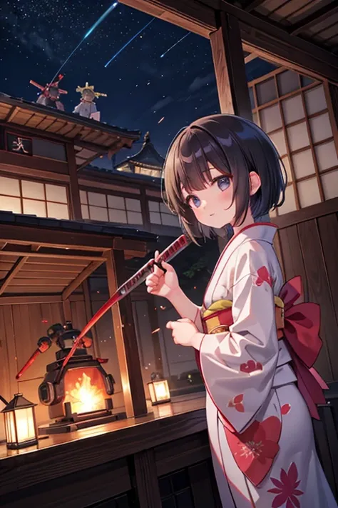 Yamabuki-colored kimono,meca girl,meca,roboT,holding katana,battle field,Short Hair,