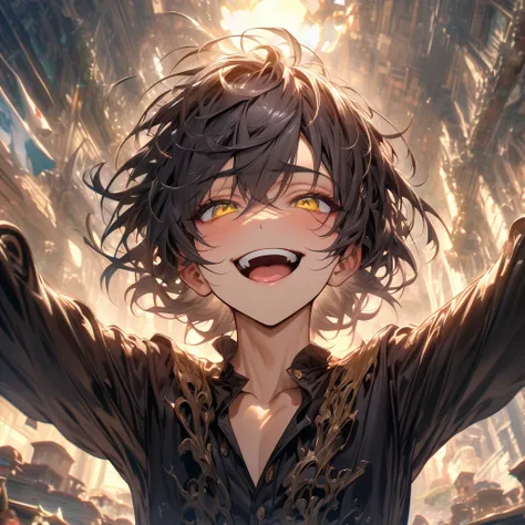 ultra detailed, high resolution, HDR, artwork, black hair, expressive yellow eyes, black coat, sexy man, alone, best quality, handsome smile, tight black shirt, arms open, with the bust puffed out, face tilted towards the sky, with a maniacal smile, with t...