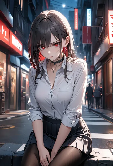 best quality, super_delicate, ultra detailed, beautiful, 8k , 1girl, red eyes, evil, looking down, street, sitting, business shirt, skirt, earrings, choker, black tights, nikke, night