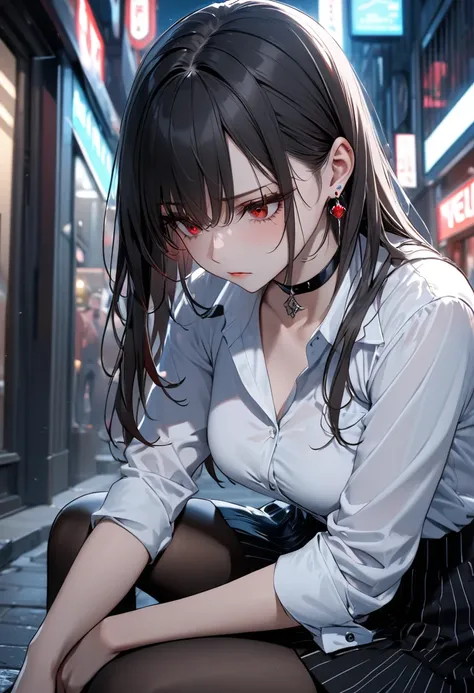 best quality, super_delicate, ultra detailed, beautiful, 8k , 1girl, red eyes, evil, looking down, street, sitting, business shirt, skirt, earrings, choker, black tights, nikke, night