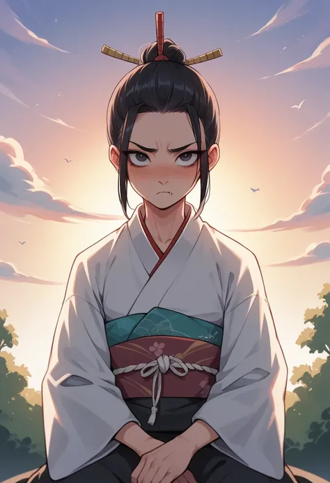  A very effeminate femboy samurai, wearing a long kimono. Has long, silky, sleek black hair that reaches down to his belt, its tied in a neat ponytail. Sits on the windowsill, outside is a purple sunset. His body looks soft like a girls. His face looks del...