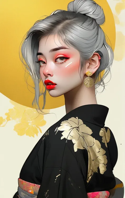 (best quality, sketch:1.2),realistic,illustrator,anime,1 girl, detailed lips, kimono,custom, black and gold gradient background,neon hair,textured cropping, masterpiece, style retro classic, noir style 