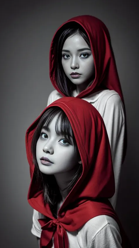 high-contrast monochrome palette, modern art photograph, portrait of Little Red Riding Hood