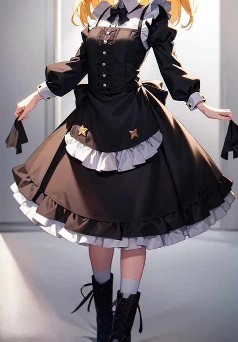 ((Maid)),Frills,Cute little ,Tiny ,Small girl,,Childish face, Very fine clean face,Top quality,Straight Hair,Yellow hair,(Dark Room), Subtle light, Natural light,Soft lighting,Light from directly behind, (Are standing),Front view,Black background