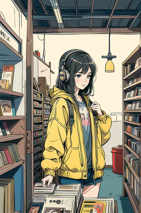 Create a detailed and atmospheric scene of a young woman browsing through vinyl records in a cozy record store. She should be wearing a yellow jacket and headphones, lost in thought as she examines a record. The stores shelves should be packed with various...