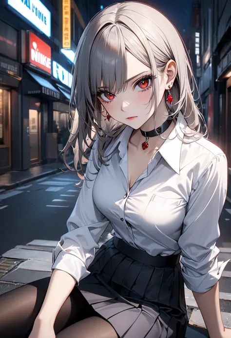 best quality, super_delicate, ultra detailed, beautiful, 8k , 1girl, red eyes, evil, looking viewer down, street, sitting, business shirt, skirt, earrings, choker, black tights, nikke, night