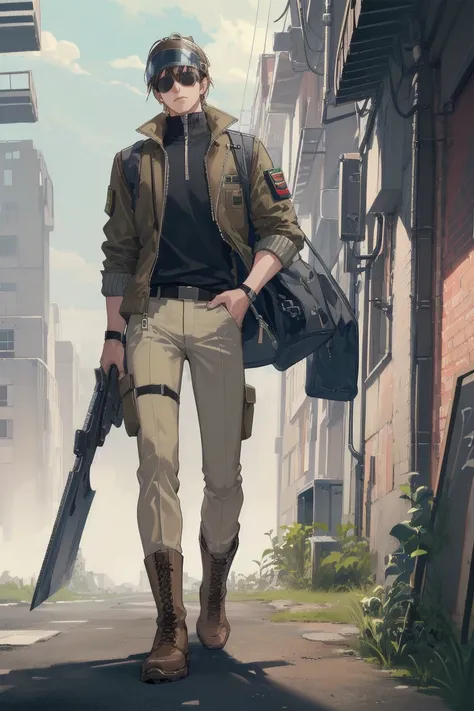 ((Highest quality)), ((masterpiece)), (Familiar), whole body,One man,cyber punk,military,Brown jacket,Khaki pants,boots,Sunglasses visor,White Blade,Gunman