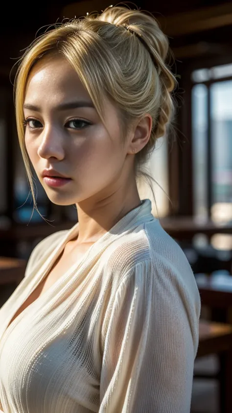 8k, top quality, masterpiece:1.2), (realistic, photo-realistic:1.37), top quality, masterpiece, beautiful young korean woman, pensive facial expression, thoughtful look, elegantly dressed, blonde hair tied back, messy mood, cinematic backdrop, tired, light...