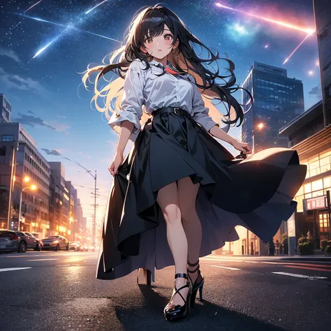 걸작, 최고의 품질, 고품질, CG, 8K, Woman in high heels leaning against a car parked on the road and looking up at the sky at night, anime style