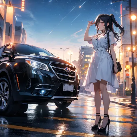 걸작, 최고의 품질, 고품질, CG, 8K, Woman in high heels leaning against a car parked on the road and looking up at the sky at night, anime style