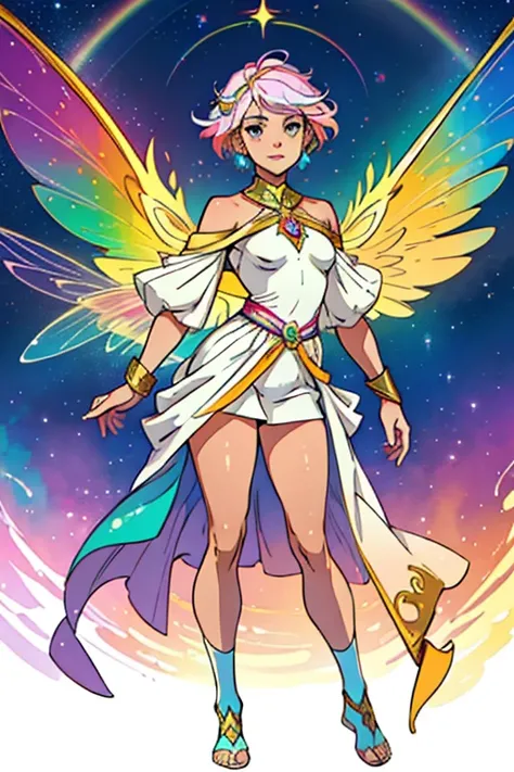 woman celestial rainbow powers to control the colors and star symbols rainbow-colored hair and white and colored clothes small crystals on the body, a fairy, Did you see a pair of golden fairy wings coming?. woman full body image, short hair color colorful...