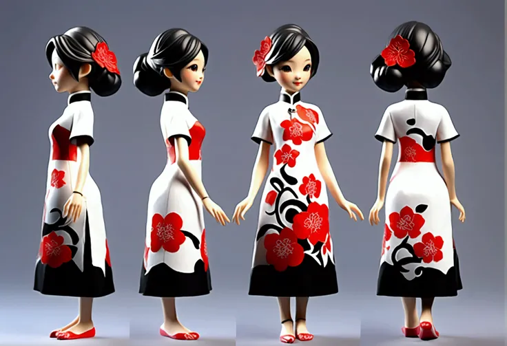 (((Showing the front view of the same 3D character IP figurine design、Side View、Rear view:1.5)))，Young fashionable girl，Wearing a fashionable ink-dyed cheongsam，Ink black and white mixed color Atles silk cheongsam，Uyghur totem cheongsam，Red bougainvillea p...