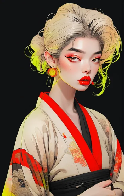 (best quality, sketch:1.2),realistic,illustrator,anime,1 girl, detailed lips, kimono,custom, black and gold gradient background,neon hair,textured cropping, masterpiece, style retro classic, noir style 