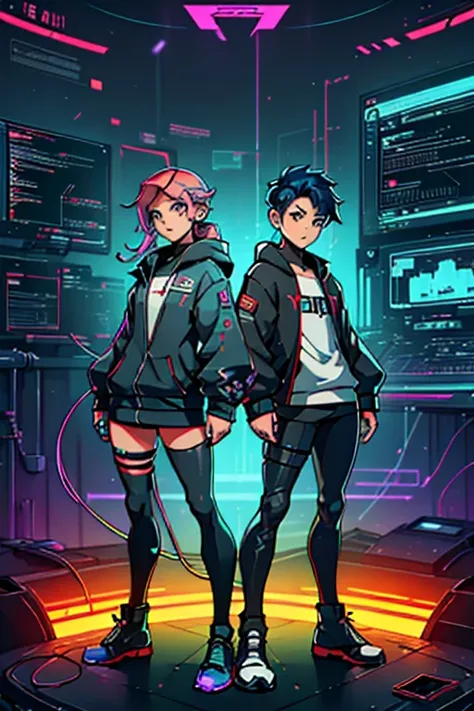 image and full body twin brothers or sisters, hacker technology, powers of genetic clones glitch techno wizard, like a reality only with a square lens, clothes with rgb led with wires and cables, control screens on clothes and on the face and code lines pr...