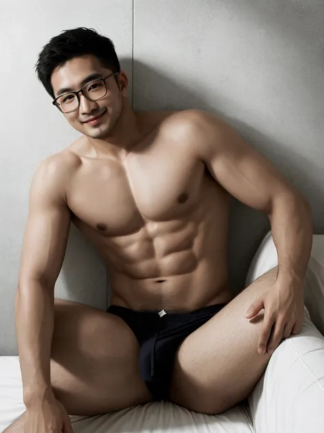 (protrait photo) asian man, 30 years old, wear glasses, shirtless, panties, His hair is neat, Face clean and clean, round face, short hair, eyes reveal wisdom and confidence, He smiles and looks at the camera, Convey a professional and capable temperament,...