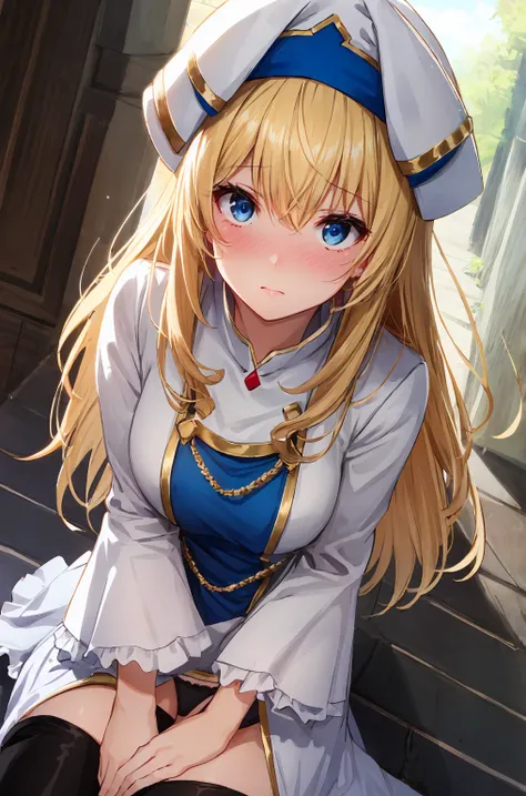 priestess, blonde hair, blue eyes, long hair, hair between eyes,sitting, (upper body:1.3),(white panty),(blush,embarrassed),
boots, dress, frilled sleeves, frills, hat, white headwear, pelvic curtain, high heels, robe, thigh boots, thighhighs, white thighh...