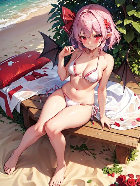 Remilia Scarlet,White Bikini,blush,Sandy Beach