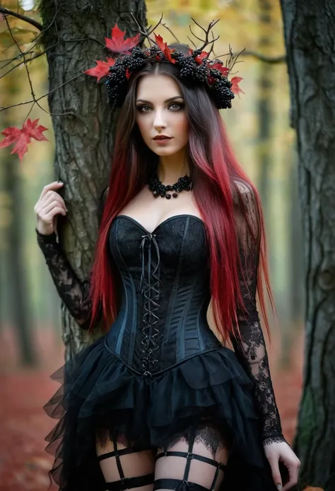 slender brunette with long hair in dark fantasy. Individual red strands in hair. a corset. black translucent fabric. lace. very beautiful forest witch. slender legs. peeking out from behind a tree. On the head there is a wreath of maple leaves, on the hand...