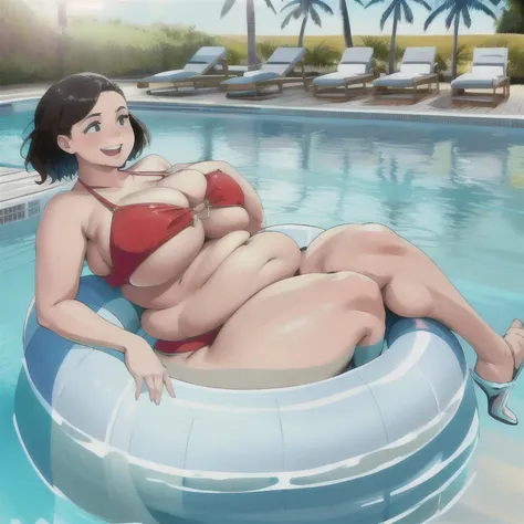 Photo of Curvy girl, wearing bikini, big belly, wide hips, thick thighs, large butt, she is stuck in an innertube, she is laughing a bit, floating in the pool without a care in the world