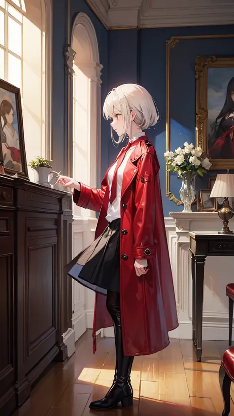 ((Best masterpiece, Perfect quality, Ultra detailed)), ((Profile)), A skinny slender girl with small bust, Wearing a red leather long-coat, Wearing a white y-shirt with red tie, Wearing a gathered black fabric skirt, Wearing a black leather over-knee long-...