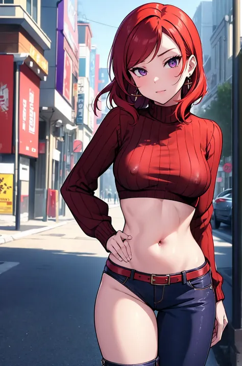 (Masterpiece, Best Quality, High Quality),(NSFW:1.3),Nishikino maki, Red hair, purple eyes, cowboy shot,low waisted pants, tight ,(sweater crop top), (sexy stomach), detailed belly, midriff, big breasts,looking at viewer,  earrings,in street, aged up,