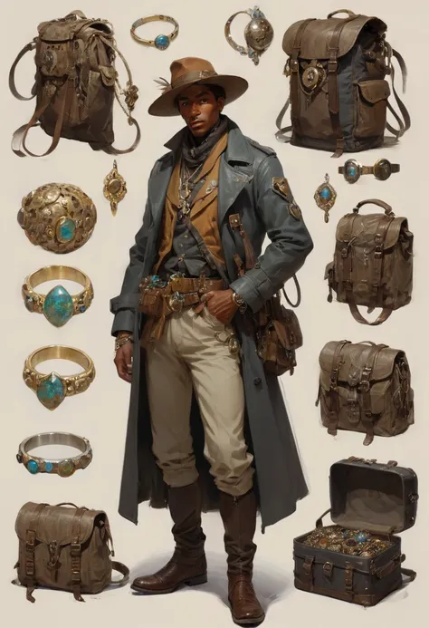 character design sheet by Abram Efimovich Arkhipov, best quality, masterpiece, Representative work, official art, Professional, Ultra intricate detailed, 8k. portrait of a man who is a treasure hunter. he has brown skin and a crooked nose but it very hands...