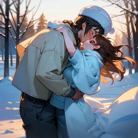 Masterpiece, best quality, One boy, One girl, They are sharing a passionate kiss in the snow, wearing cozy sweaters and hats to keep warm, enjoying the moment. In the background, there are people walking, The scene has a romantic and dreamy atmosphere, wit...